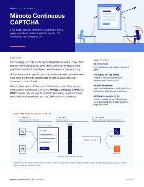 The Mimoto Continuous CAPTCHA datasheet, front page (PDF)